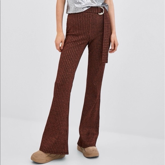 ZARA Bronze Metallic Flare Pants size M - Picture 1 of 8